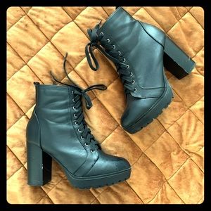 Black Faux Leather Lace-Up Booties